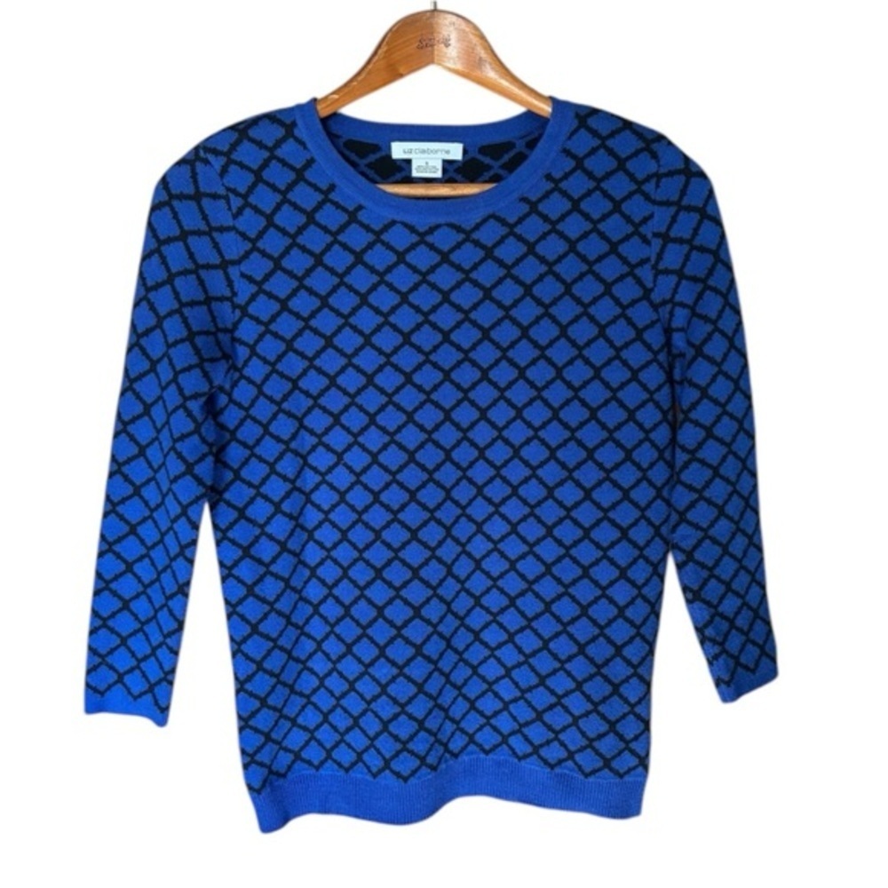 Liz Claiborne Blue & Black Patterned Sweater Small Crew Neck Long Sleeve